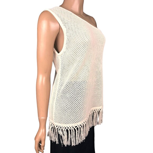 Edun size M Ecru Melange Tech Mesh One Shoulder Tank Top Open Weave Cotton/Nylon - Picture 2 of 6